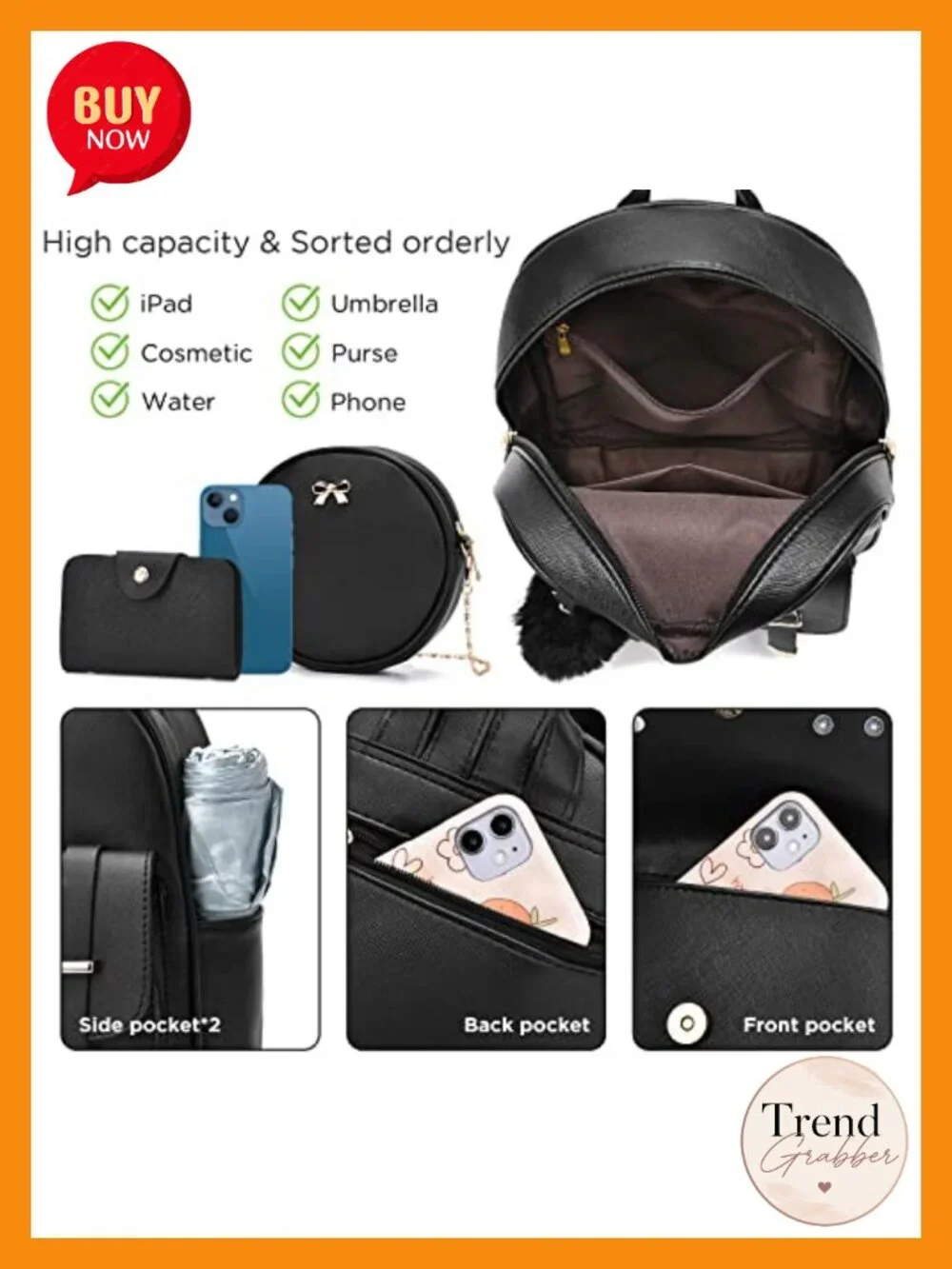 Faux Leather Mini Backpack Purse Set - 3 Piece Daypack with Pompom
